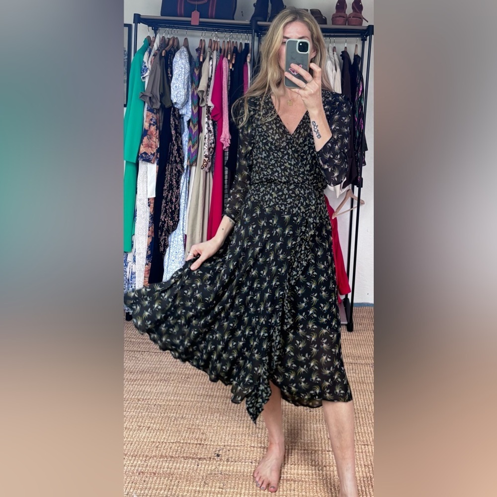 Anthropologie Bailey 44 Ophelia Black Floral Print Ruffle Midi V Neck Boho Dress - Picture 4 of 15
